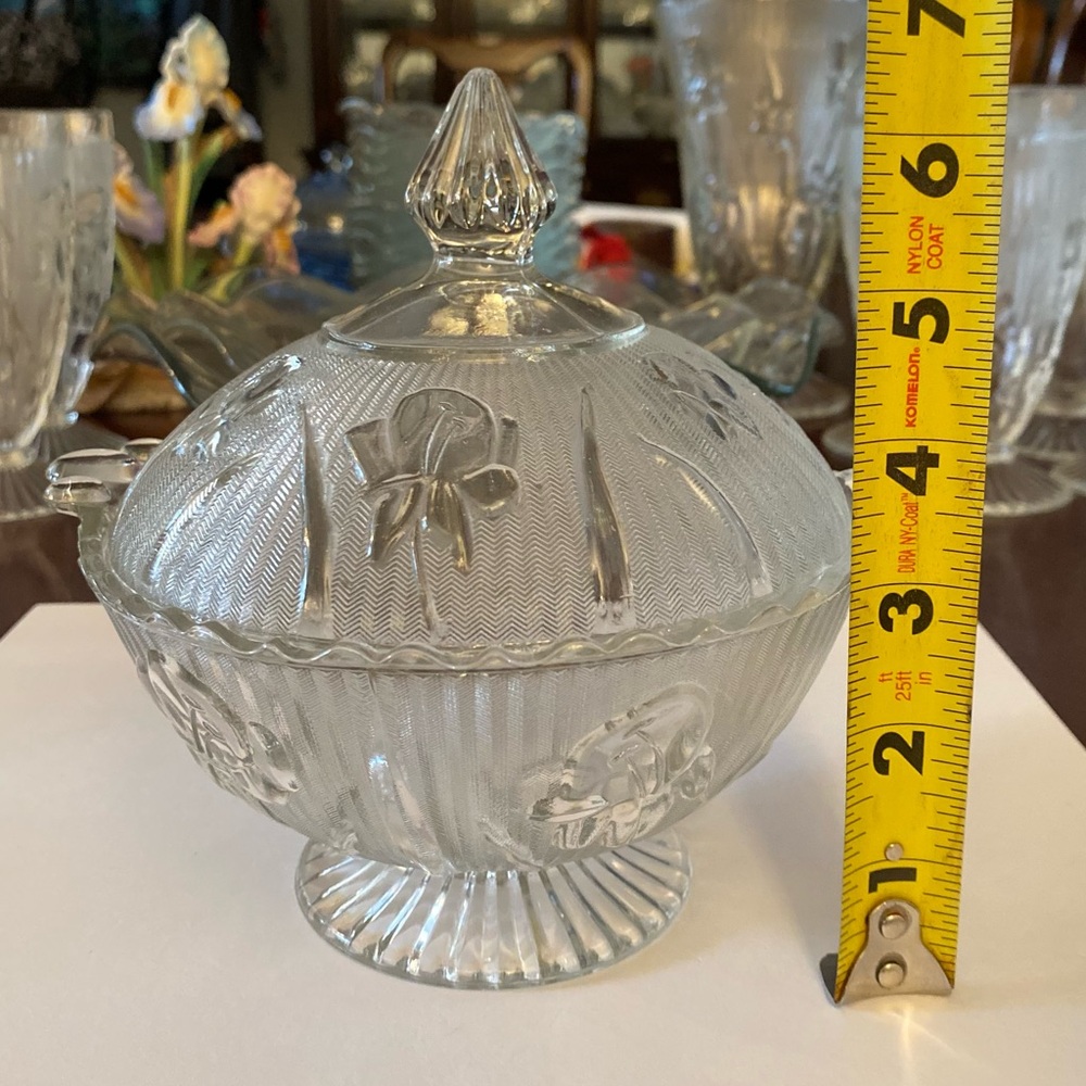 Iris & Herringbone Clear Footed Covered Candy Dish Depression Glass - Picture 11 of 16